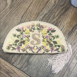 Anthropologie Cream Embroidered Beaded Tassel Wristlet